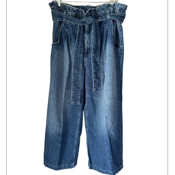 Hudson jeans Women's Blue Paperbag cropped wide leg sash belt size 33 - Picture 2 of 7
